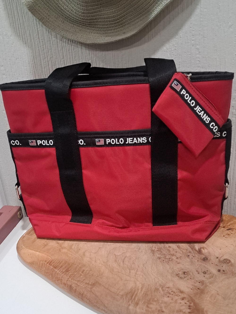 Polo Jeans Co. Red Duffel Tote with Black Straps and Logo Trim